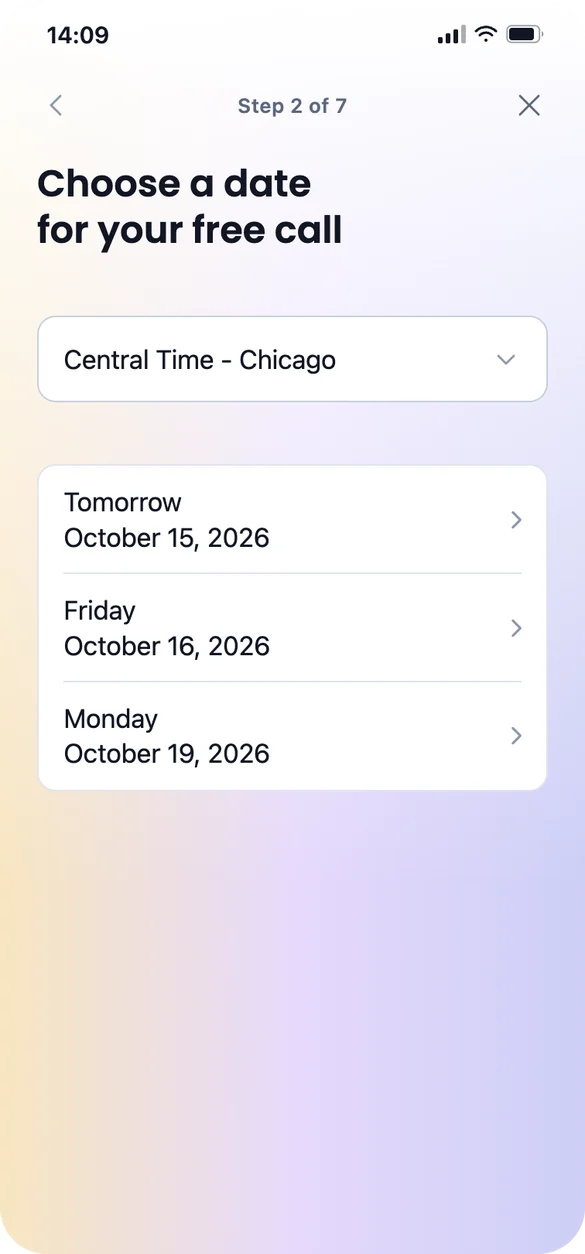 Step 2 of 7: choose a date for the free call, with a time zone picker.