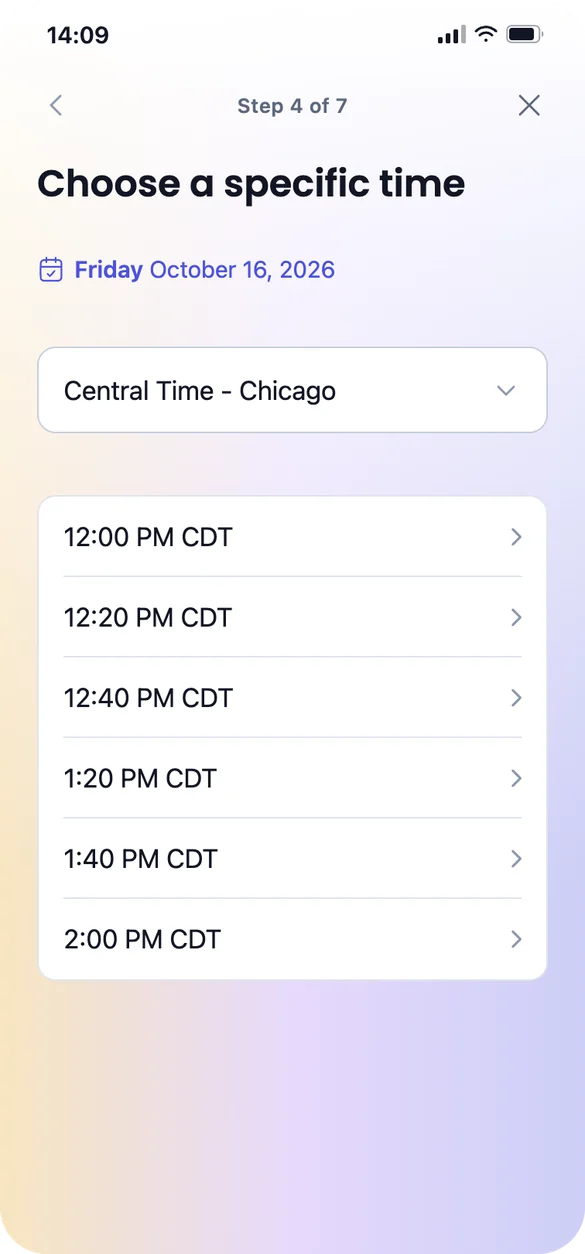 Step 4 of 7: a list of specific call times.