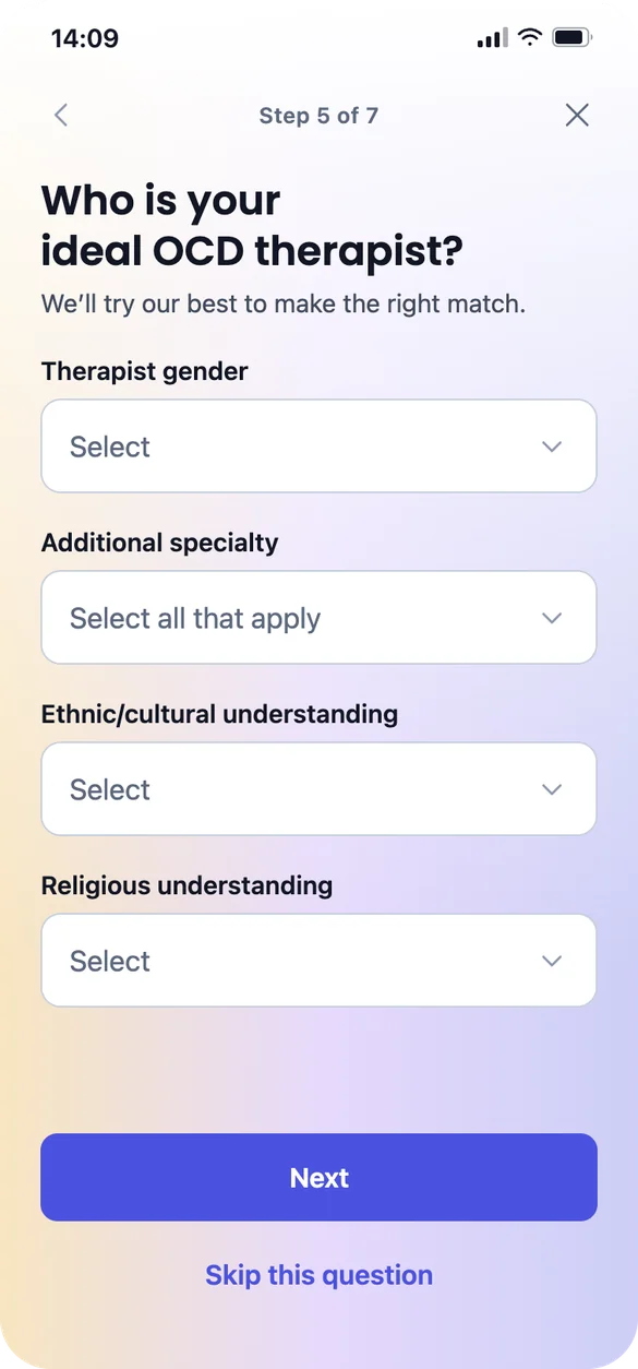 Step 5 of 7: therapist gender, specialty, and cultural and religious understanding, with a link to skip.