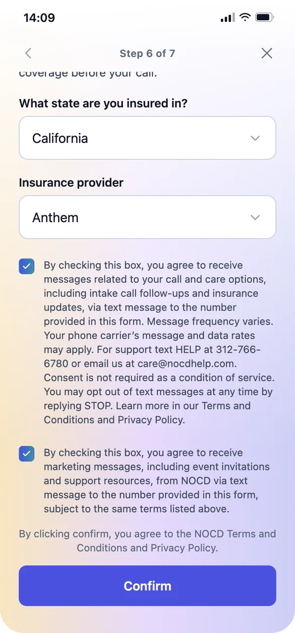 Step 6 of 7: the state you are insured in and your insurance provider, with text message consent, above Confirm.