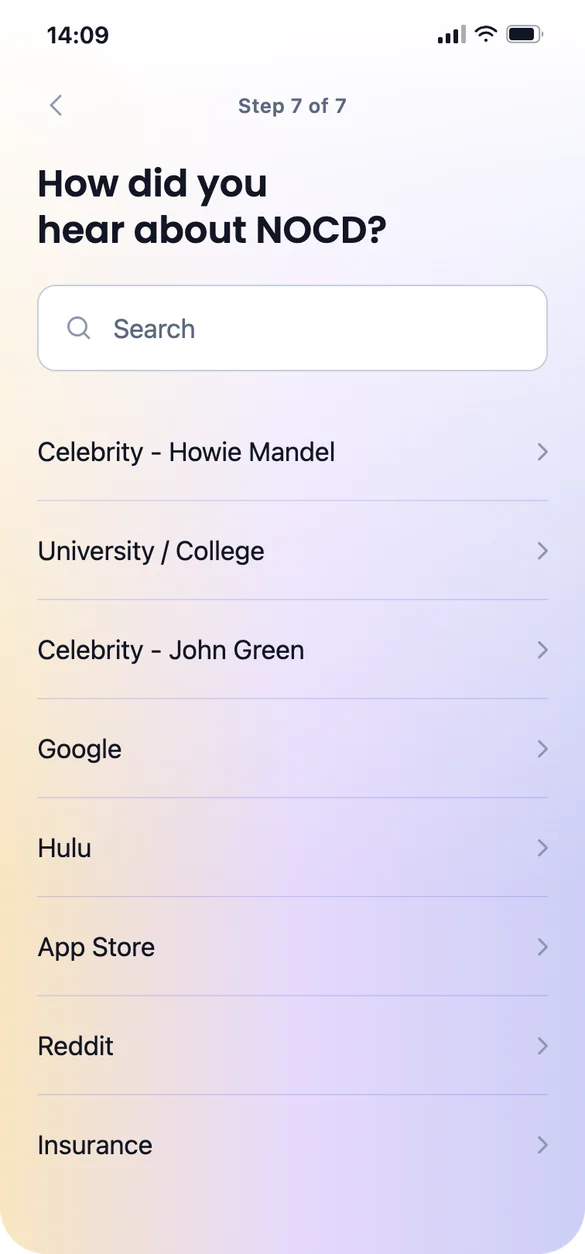 Step 7 of 7: how did you hear about NOCD, with a search field and a list of sources.
