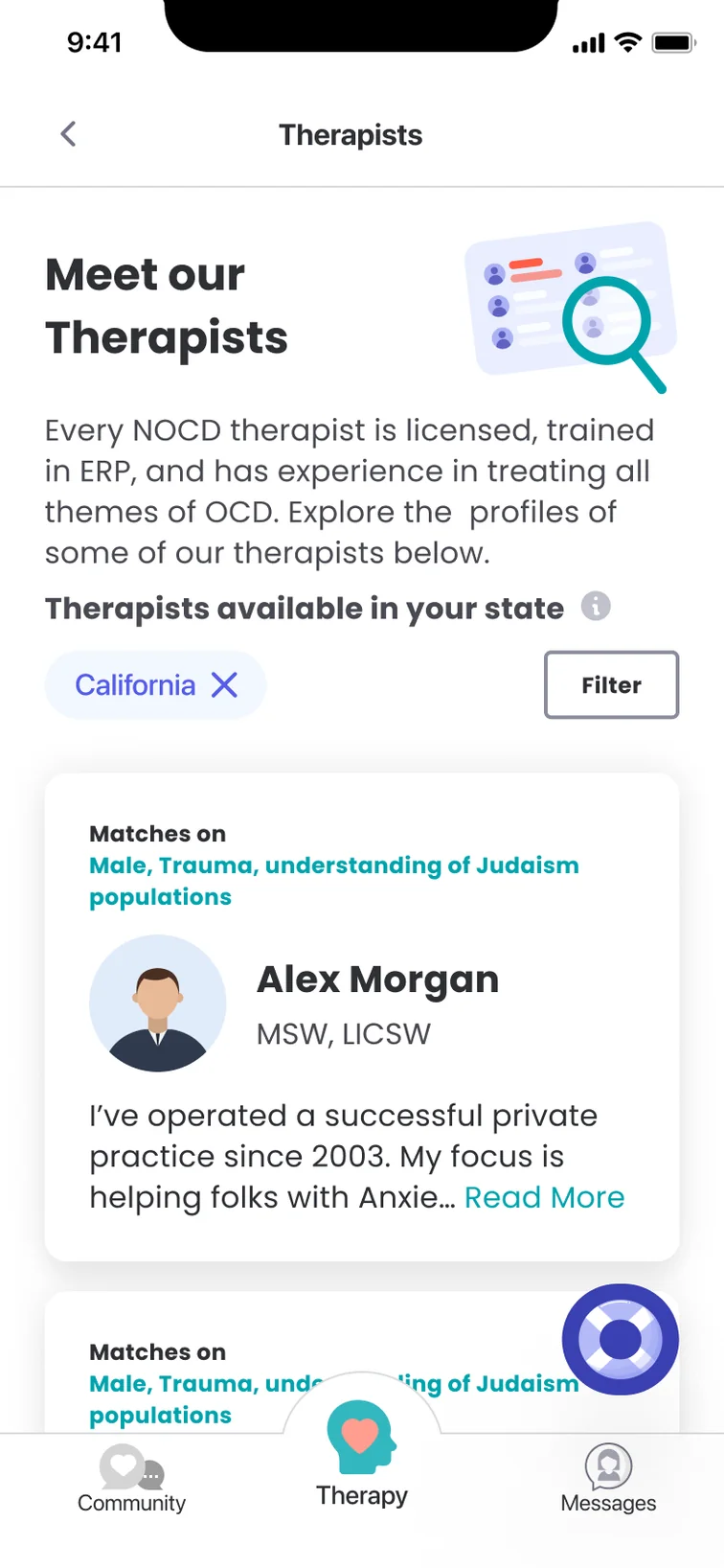 The 2023 directory: a state filter, then cards that say why each therapist matches, with a short bio.
