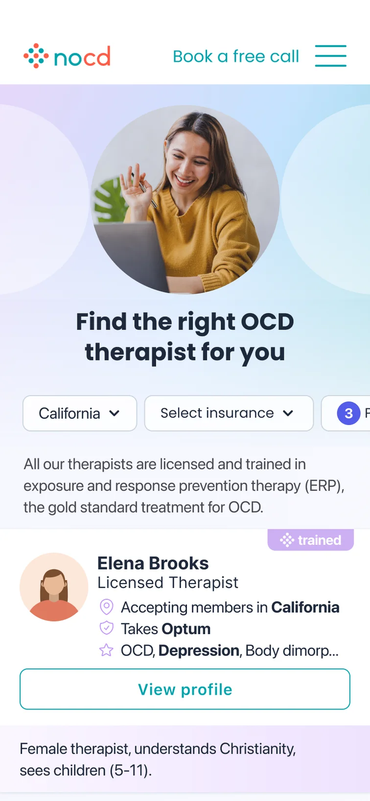 The 2024 directory: location, insurance, and preference filters across the top, and therapist cards with a short note on each.