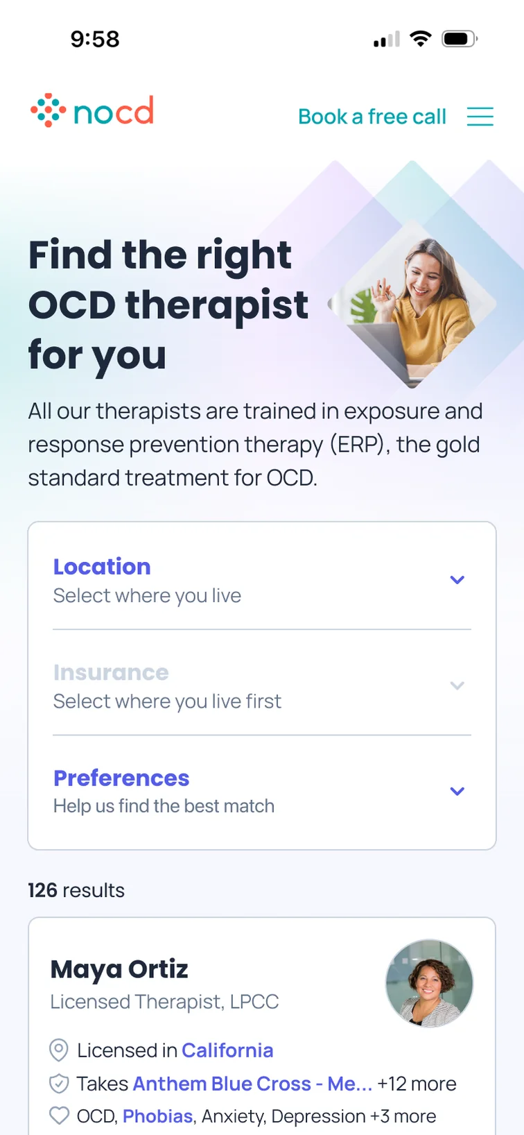 The 2025 directory: location, insurance, and preference steps stacked above the results, with insurance waiting on location.