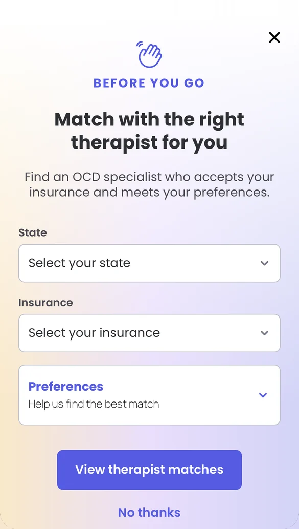Before you go: match with the right therapist for you, with state, insurance, and preferences, and a View therapist matches button.