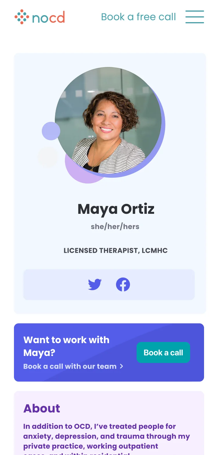 The 2022 therapist profile: a large photo with social links, then a separate banner to book a call.