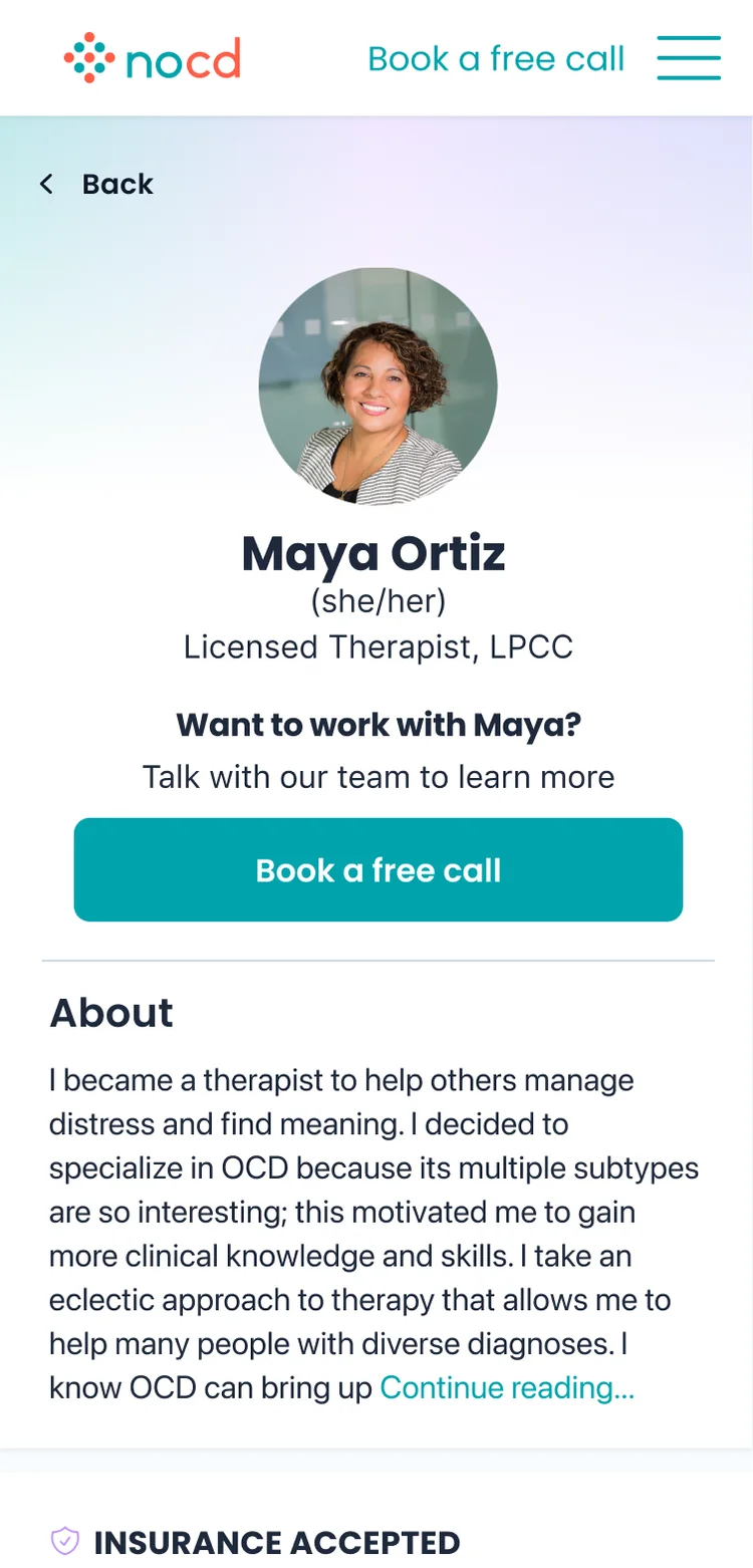 The 2024 therapist profile: photo, name and credentials, then a single Book a free call button above the About section.