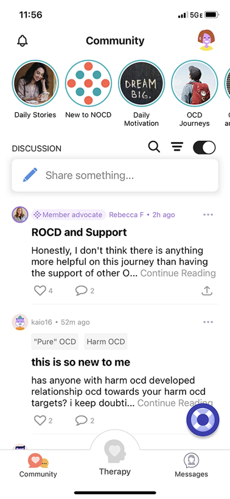 The 2022 feed: a row of story circles across the top, with Share something tucked under the Discussion heading.