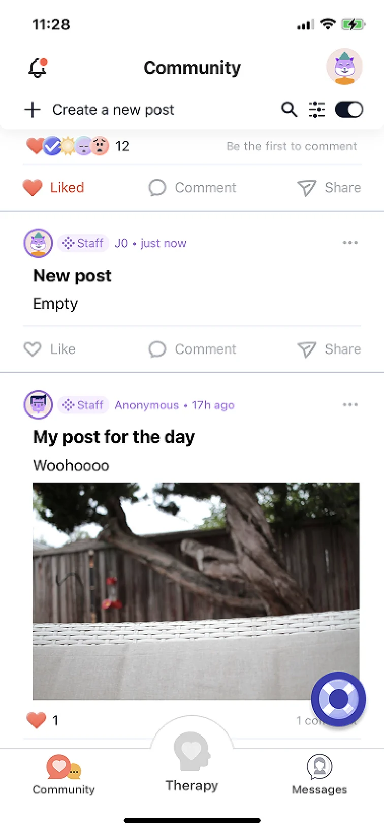 2023, scrolled down: only Create a new post stays pinned, and search shrinks to a small icon.
