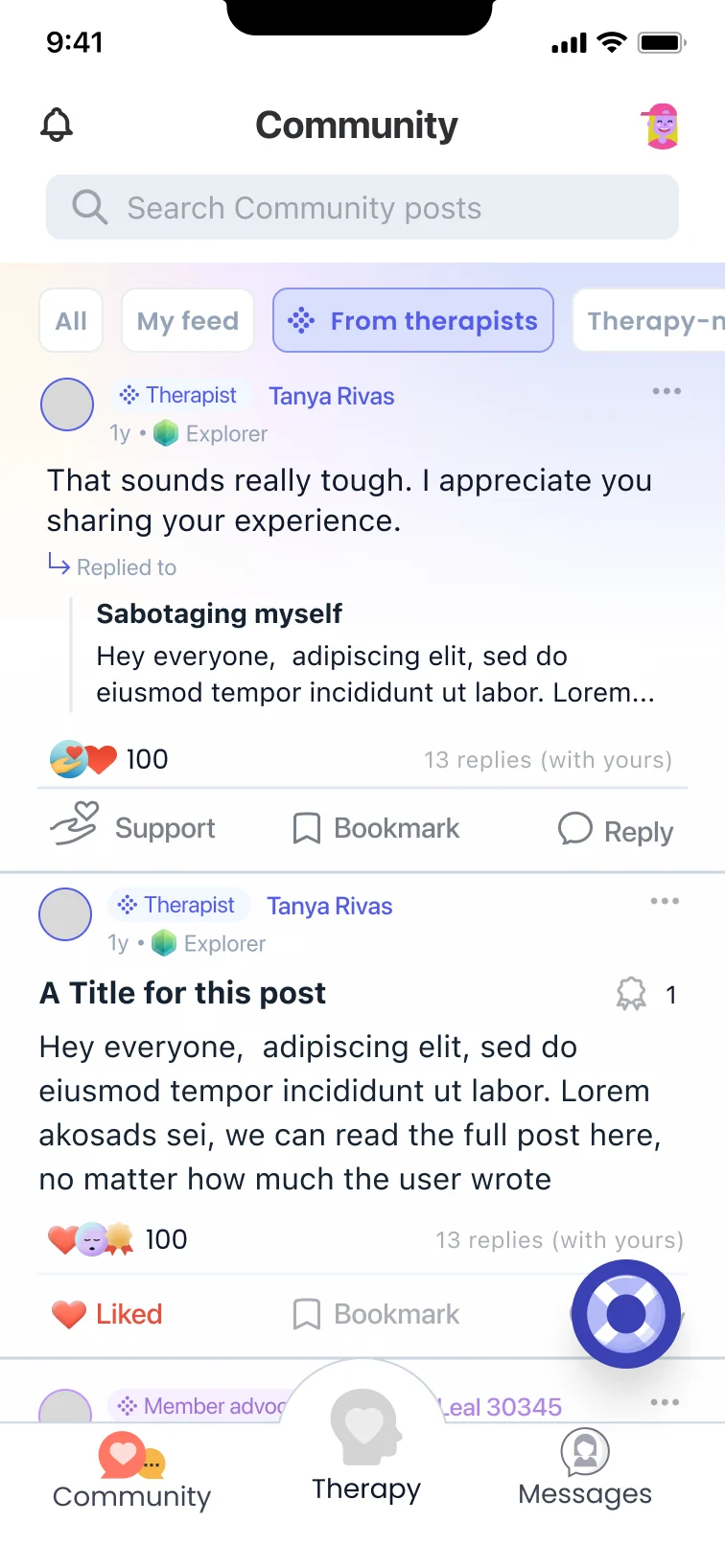 The 2024 feed: a search bar on top, feed tabs including From therapists, and a therapist reply to a member's post.
