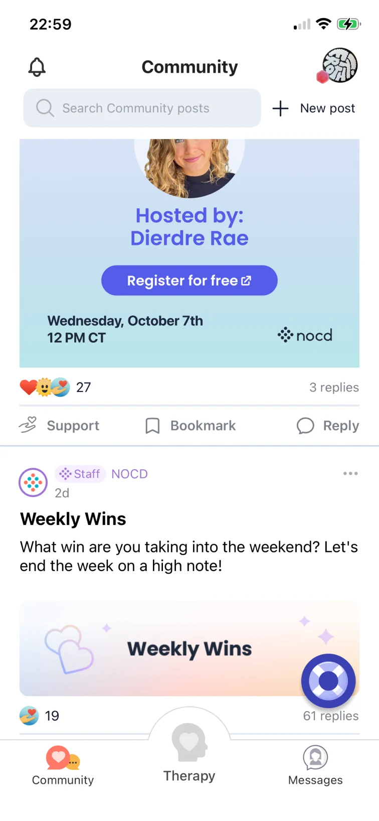 The community feed in 2026, scrolled down: the search bar stays pinned at the top with a New post button beside it.