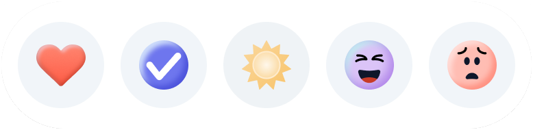 The first reaction set: heart, check, sun, a laughing face and a worried face.