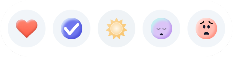 The revised set: heart, check, sun, a sad face and a worried face.