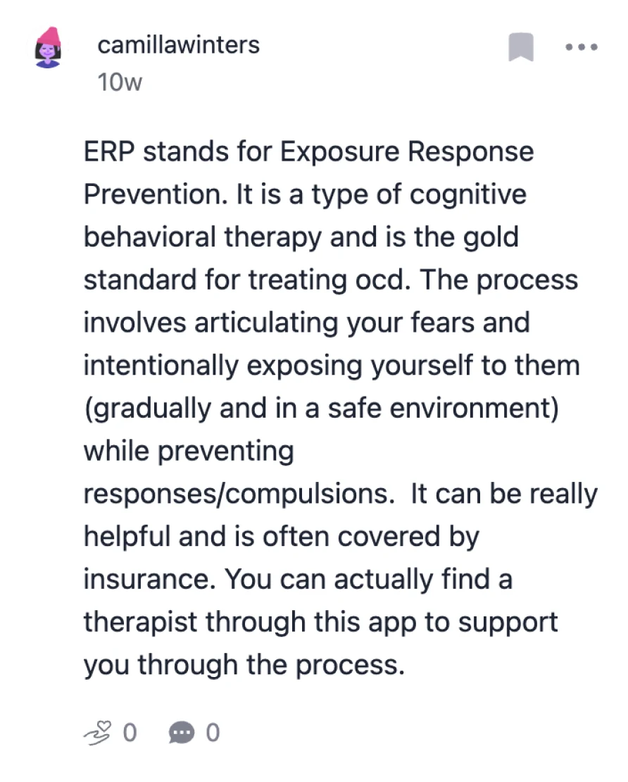 camillawinters explains that ERP is exposure and response prevention, the gold standard for treating OCD, and is often covered by insurance.