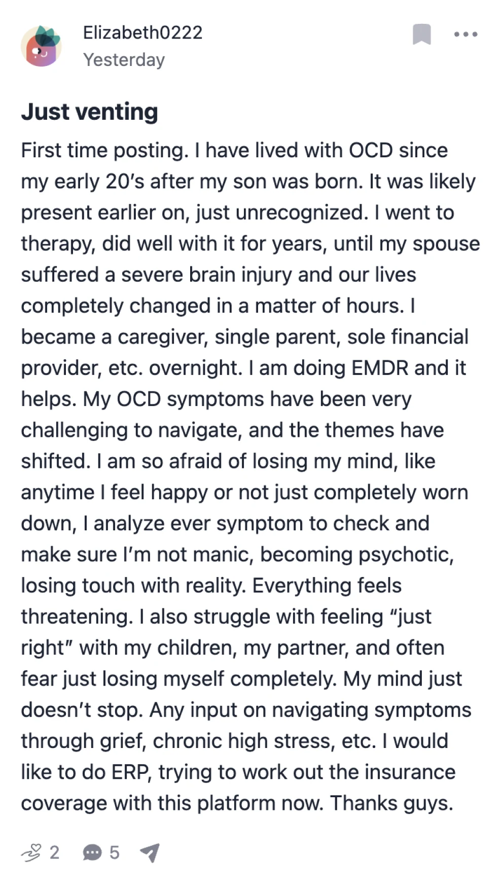 Elizabeth0222 posts “Just venting”: she has lived with OCD since her early twenties, became a caregiver and single parent overnight, is afraid of losing her mind, and wants to start ERP.