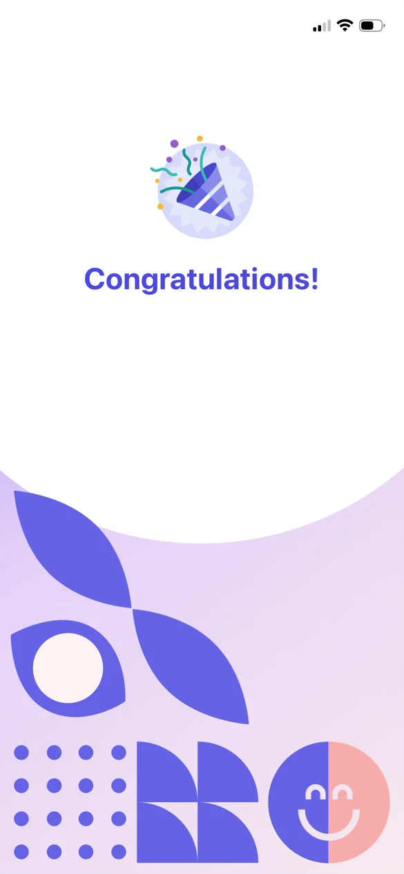 The flow opens on a Congratulations screen with confetti.