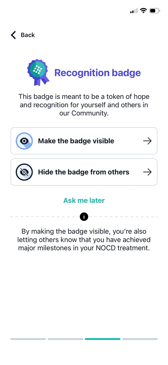 Recognition badge, a token of hope for yourself and others, with two choices: make the badge visible or hide it from others, plus Ask me later.
