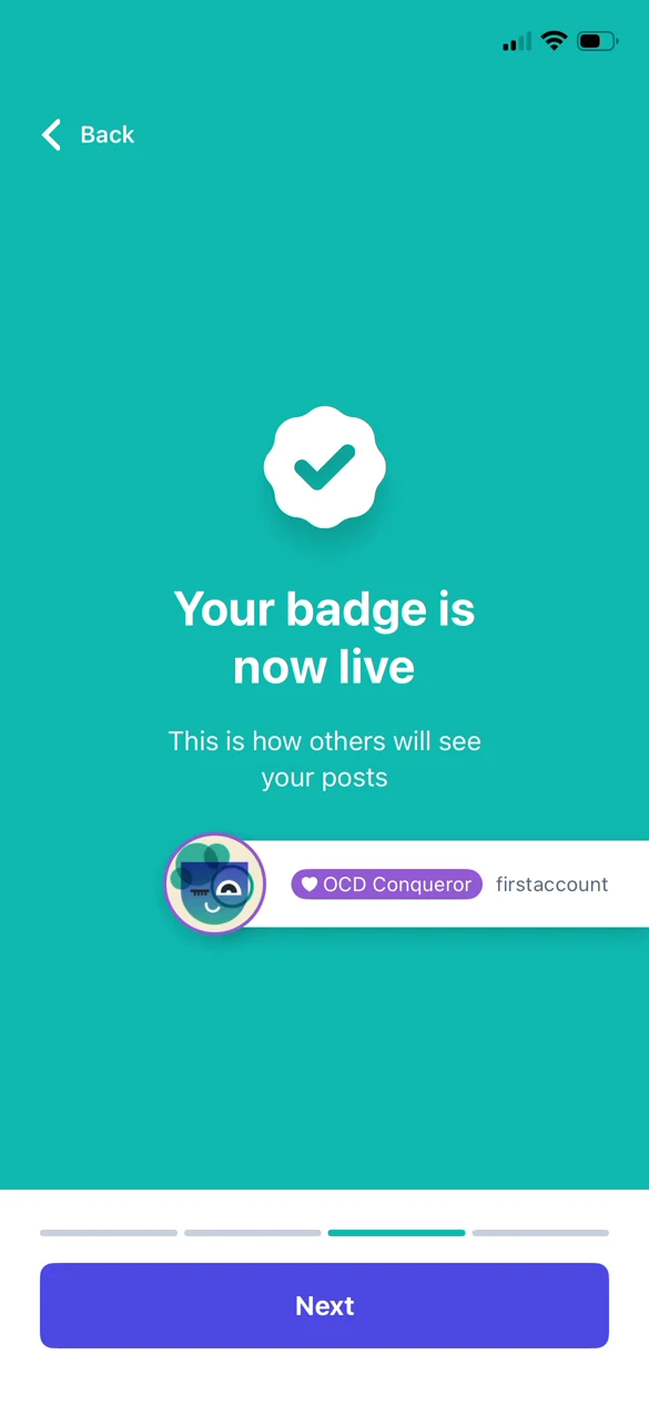 Your badge is now live, with a preview of how others will see the OCD Conqueror tag on your posts.