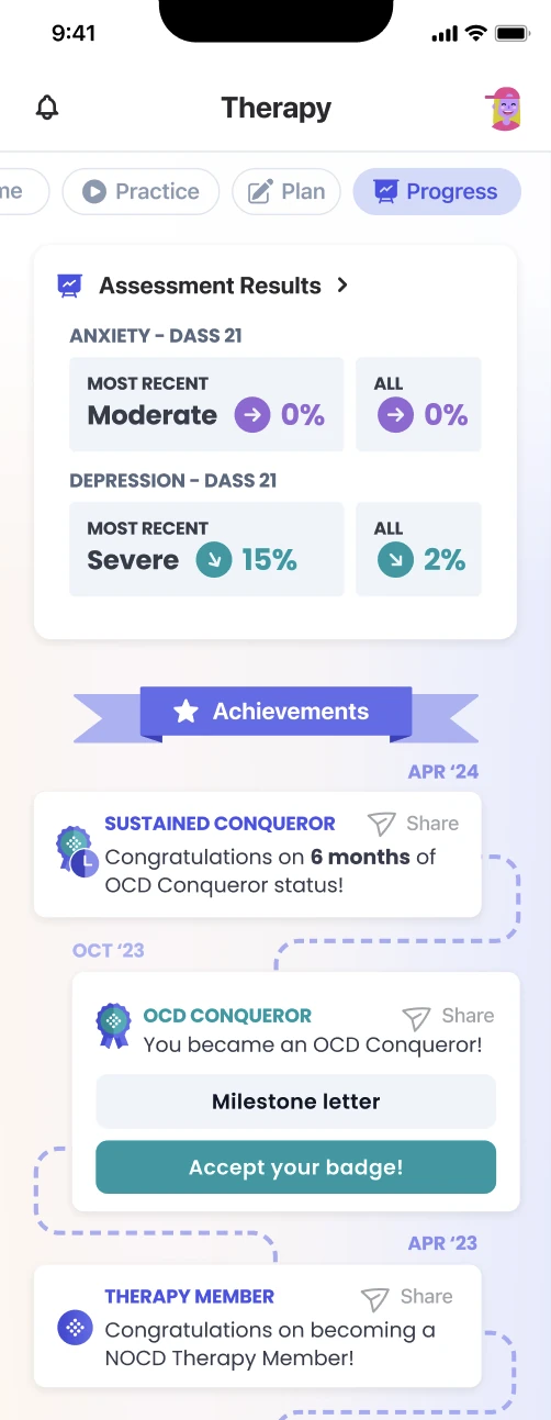 The Progress tab in the NOCD app: assessment results at the top, then an Achievements timeline with Sustained Conqueror, OCD Conqueror with a Milestone letter and an Accept your badge button, and Therapy Member, each with a Share option.