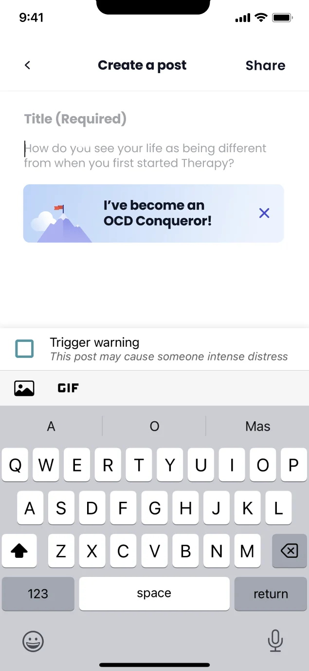 Creating a Community post with the I've become an OCD Conqueror banner attached.
