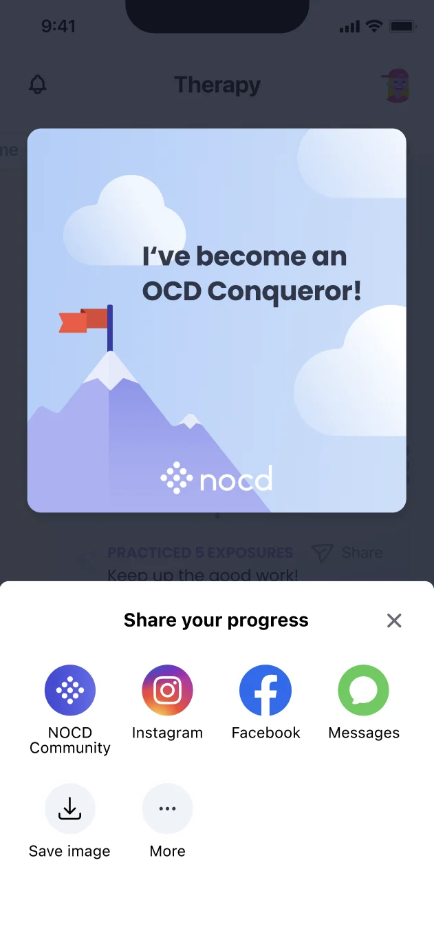 A Share your progress sheet over the milestone card, with options for the NOCD Community, Instagram, Facebook, Messages, saving the image, and more.