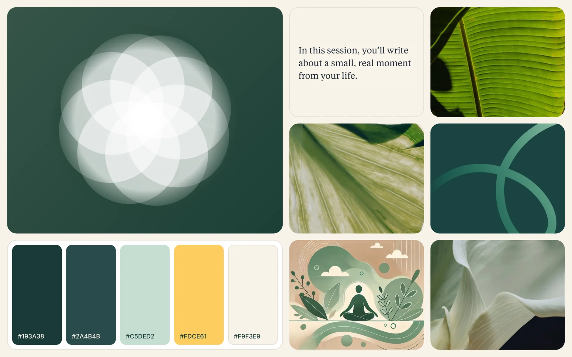 Rebound's visual language: the breathing bloom on deep green, serif type on cream, close-up leaf and flower photography, the green ribbon from the app menu, a calm illustration, and the palette: deep green, card green, sage, yellow, and cream.