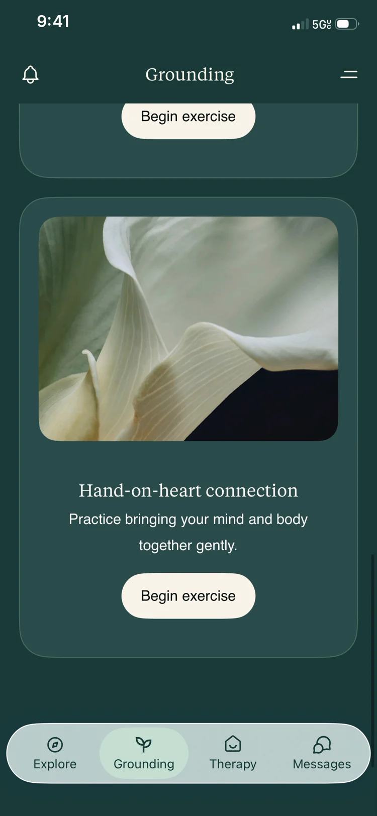Hand-on-heart connection: practice bringing your mind and body together gently, over a photo of a white flower.