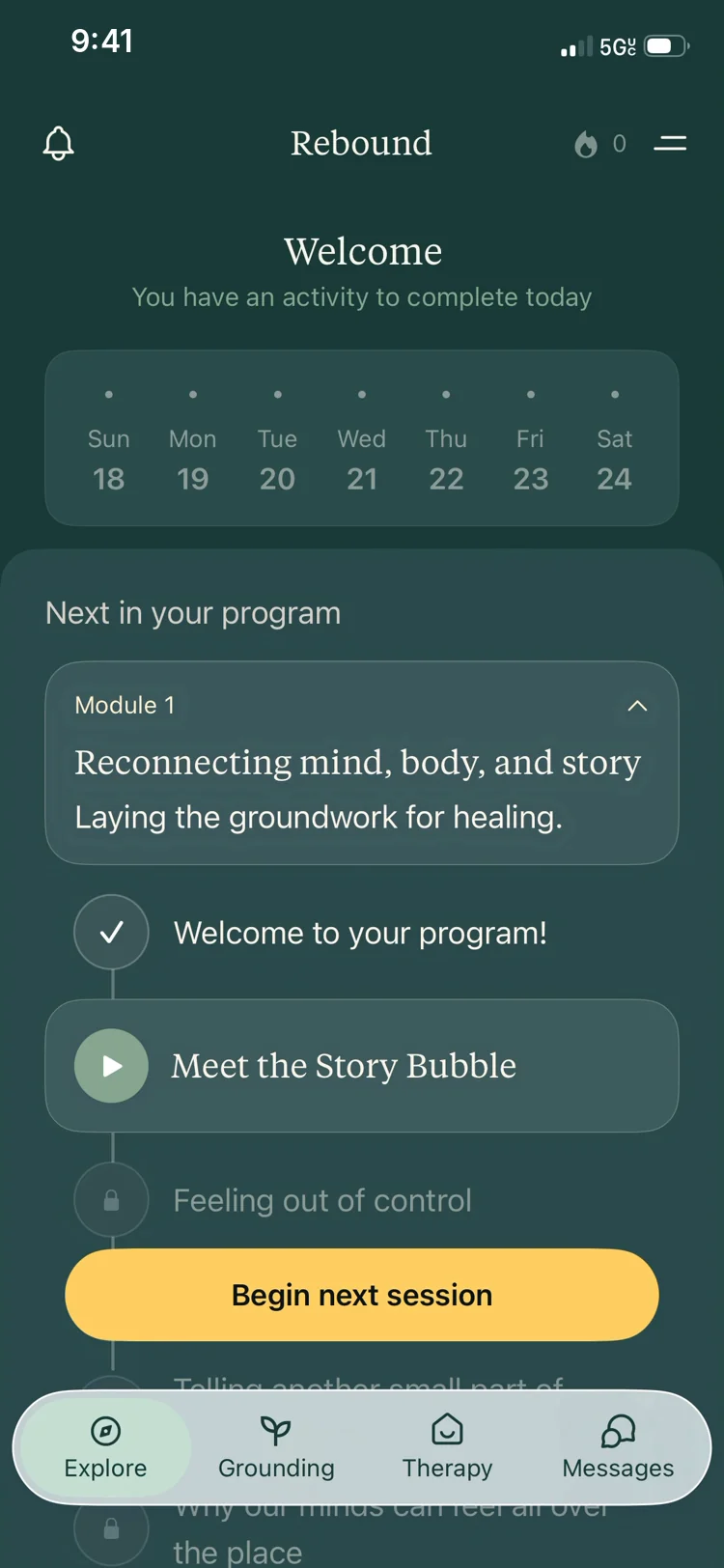 Practice before therapy: the week tracker and Module 1, Reconnecting mind, body, and story, as a path of guided sessions with a Begin next session button.