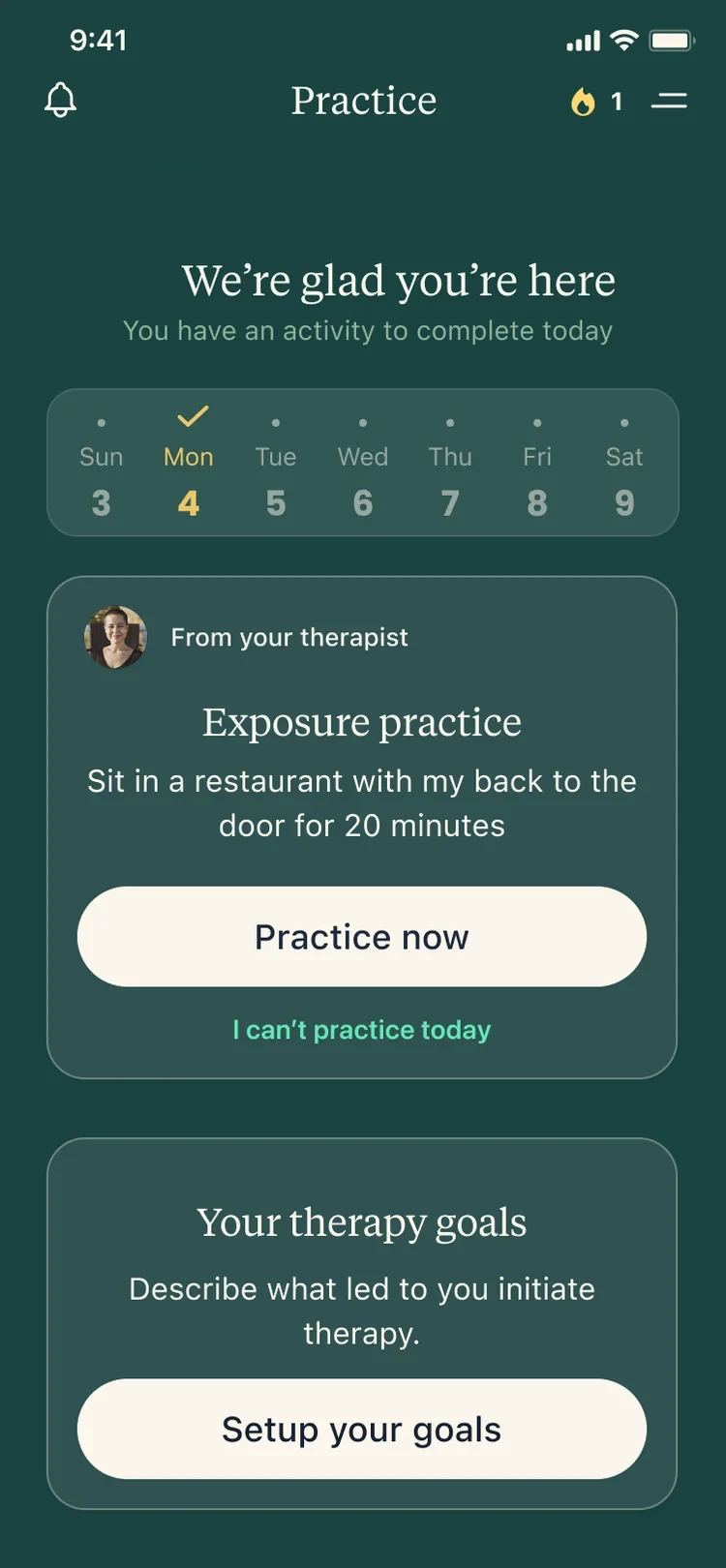 Practice in therapy: an exposure practice assigned by the therapist with Practice now, then therapy goals and a trigger response log.